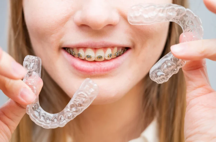 Smiling girl with braces holding removable Invisalign-mandibular-advancement-transparent-aligners.